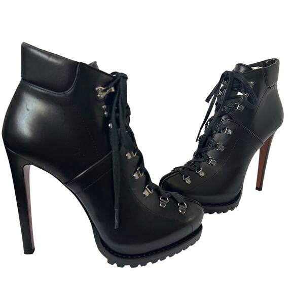 Alaïa Black Leather Hiker Boots EU 38 Trek Ankle Stiletto Lace up - Picture 15 of 16